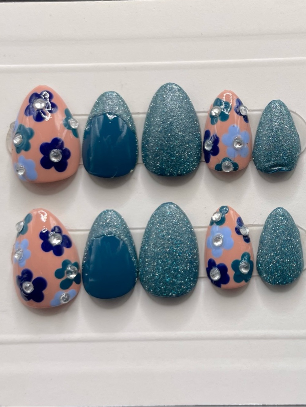 Teal Glitter & Nude Floral Press-On Nails